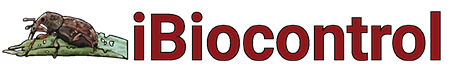 iBiocontrol logo. Directs to homepage. On the left, there is a brown insect on a green leaf. From the center to the right is the word "iBiocontrol" in bold red block font.