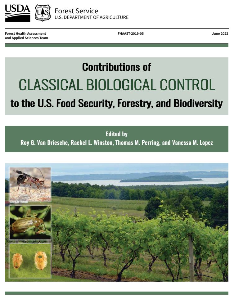 Cover of the publication, "Contributions to Biocontrol to US Food Security, Forestry, and Biodiversity"